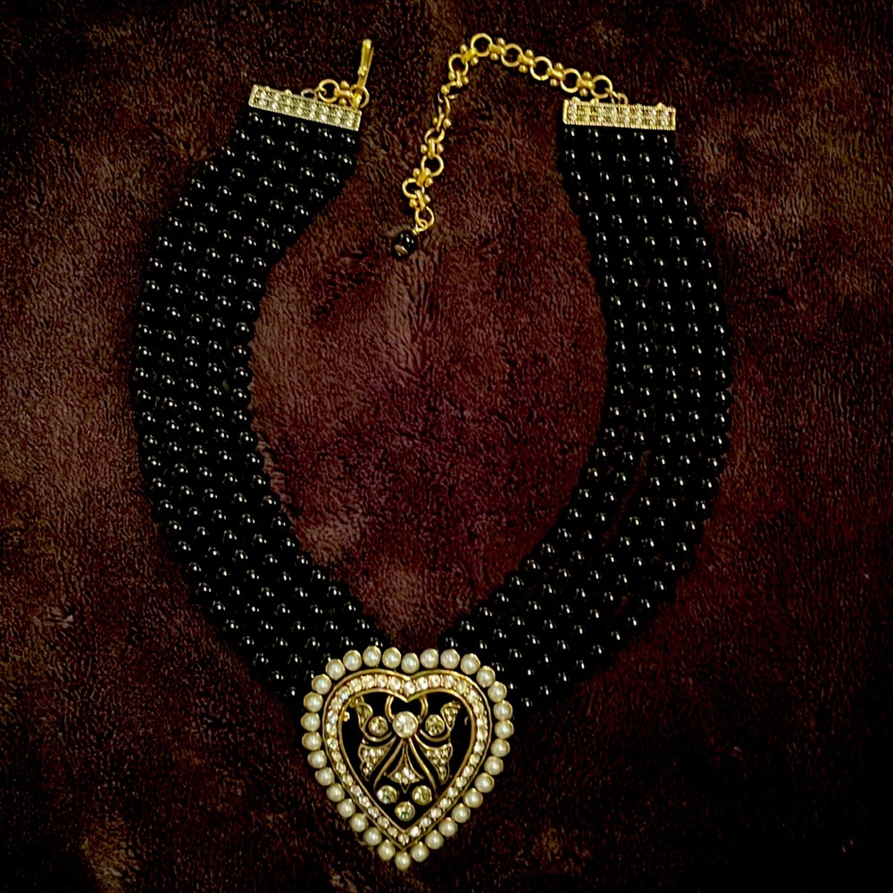 Retired Heidi Daus Black Onyx Bead Necklace with Pearl and Crystal Heart